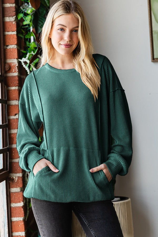 Long Puff Sleeve Solid Urban Ribbed Top Kangaroo