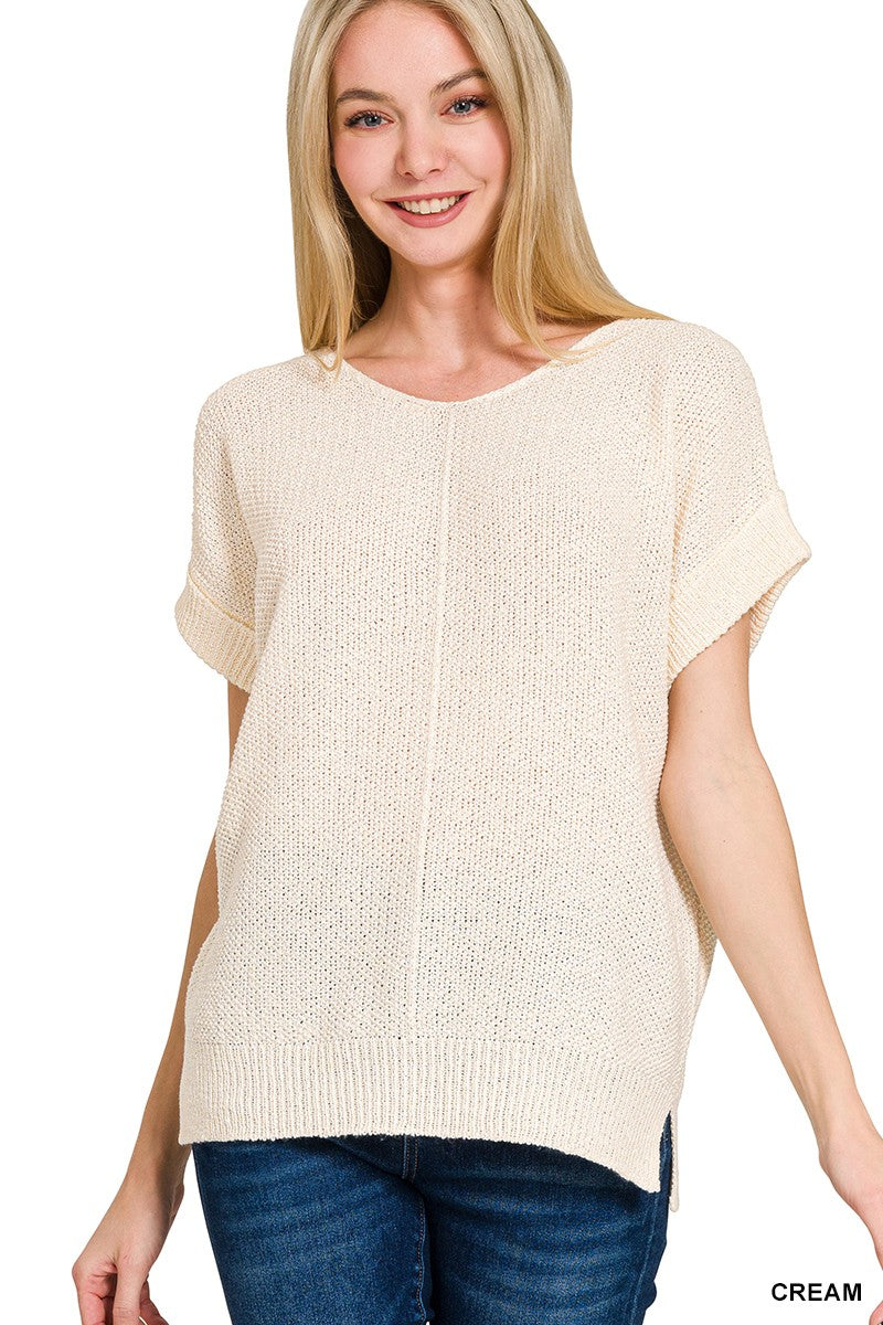 Zenana Cream Center Seam Short Sleeve Sweater