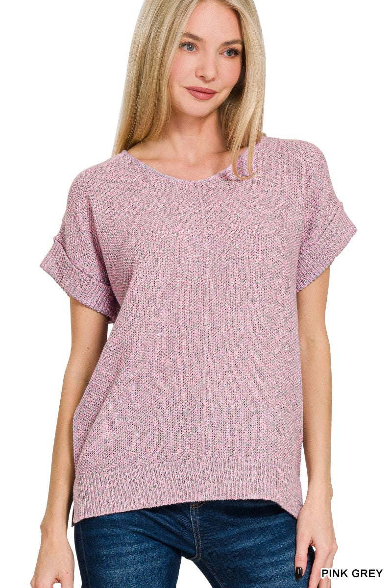 Zenana Pink Grey Center Seam Short Sleeve Sweater