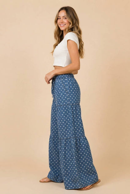 Polka Dot Tiered Palazzo Pants - Denim