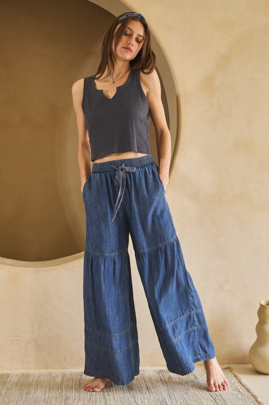 Washed Denim Tiered Wide Leg Pants