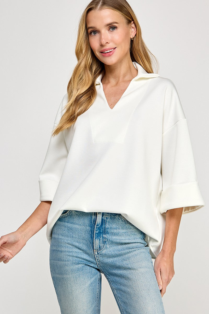 Ivory Modal Air Scuba Collared V-Neck Top