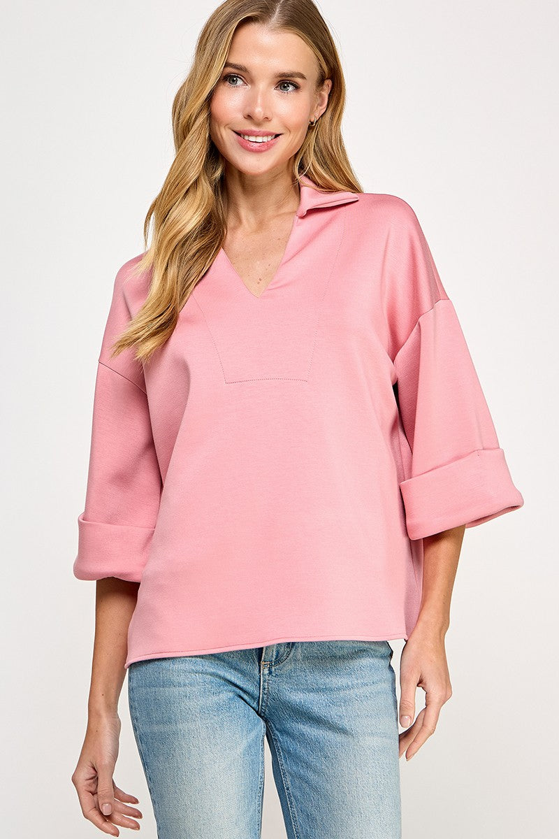 Mauve Modal Air Scuba Collared V-Neck Top