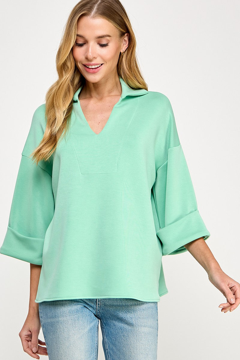 Pistachio Modal Air Scuba Collared V-Neck Top