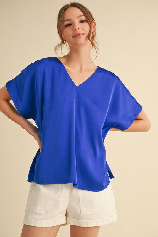 The Quinn Royal Blue Satin Short Dolman Sleeves Top