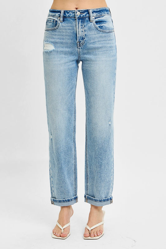 Risen High Rise Ankle Boyfriend Distressed Jeans