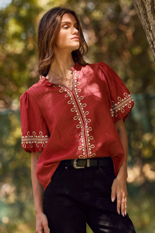 Solid Embroidered Detailed Short Bubble Sleeve Blouse