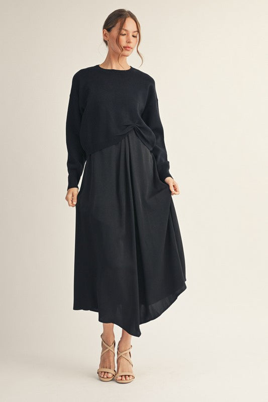 Jodifil Black Front Pleat Detail Solid Mix Match Dress
