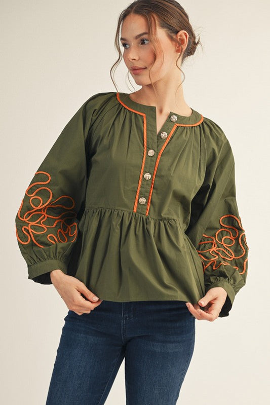 Olive  Embroidery Sleeve Detail Peplum Top
