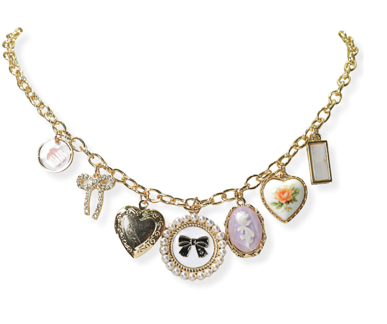 Bow Accent Flower & Heart Charm Necklace