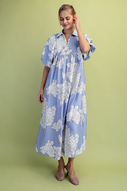 The Rachel Floral Print Short Puff Sleeve Midi Dress