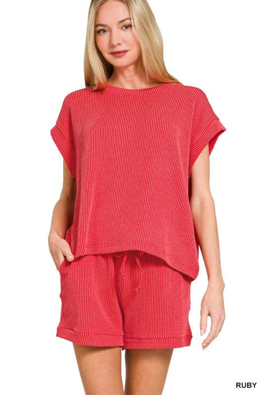Raised Rib Cap Sleeve Top & Shorts Set ruby