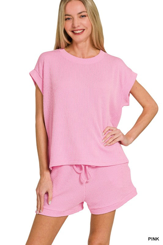 Raised Rib Cap Sleeve Top & Shorts Set pink