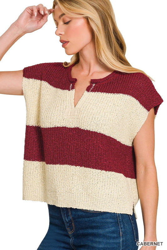 Cabernet Split Neck Sleeveless Stripe Sweater