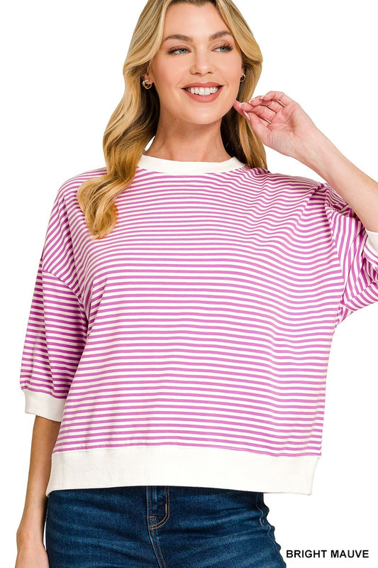 Bright Mauve Striped Contrast Trim Banded Bottom Top