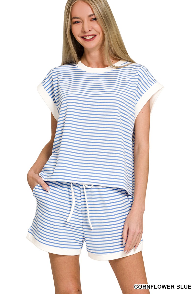 Zenana Blue Stripe Contrast Trim Top and Short Set