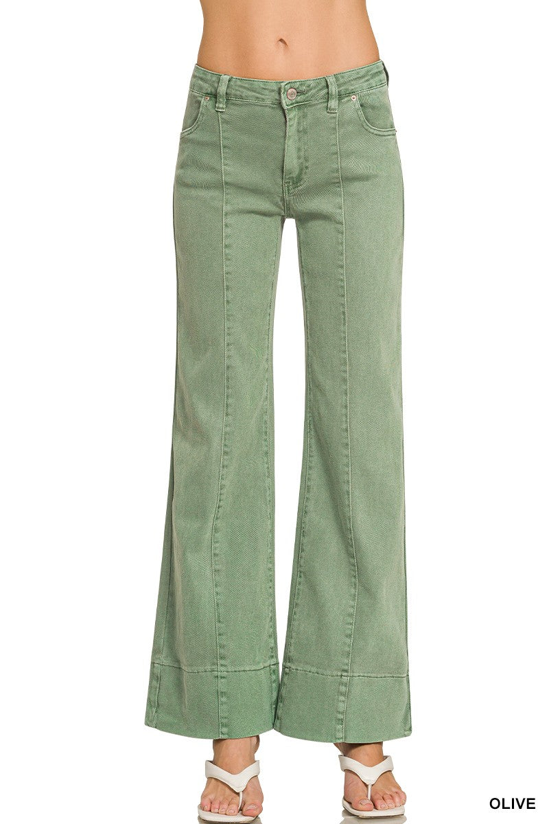 Zenana Mid Rise Wide Leg Color Denim Pants