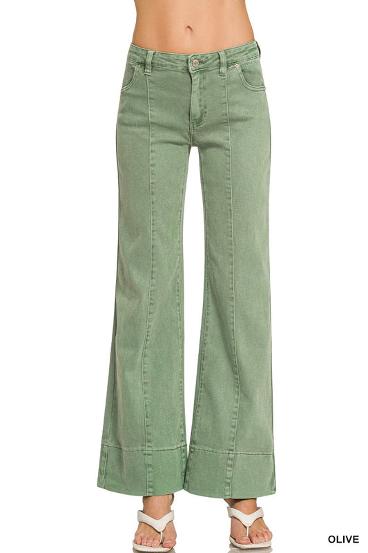 Zenana Mid Rise Wide Leg Color Denim Pants