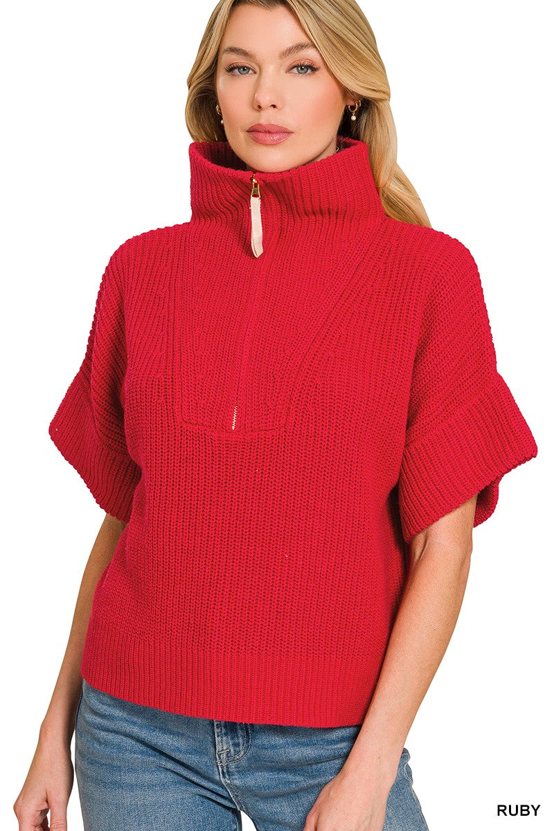 Zenana Ruby Half Zip High Neck Short Sleeve Sweater