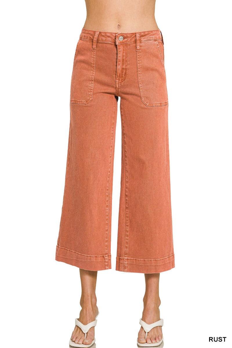 Zenana Rust Pocket Cropped Wide Leg Denim Pants