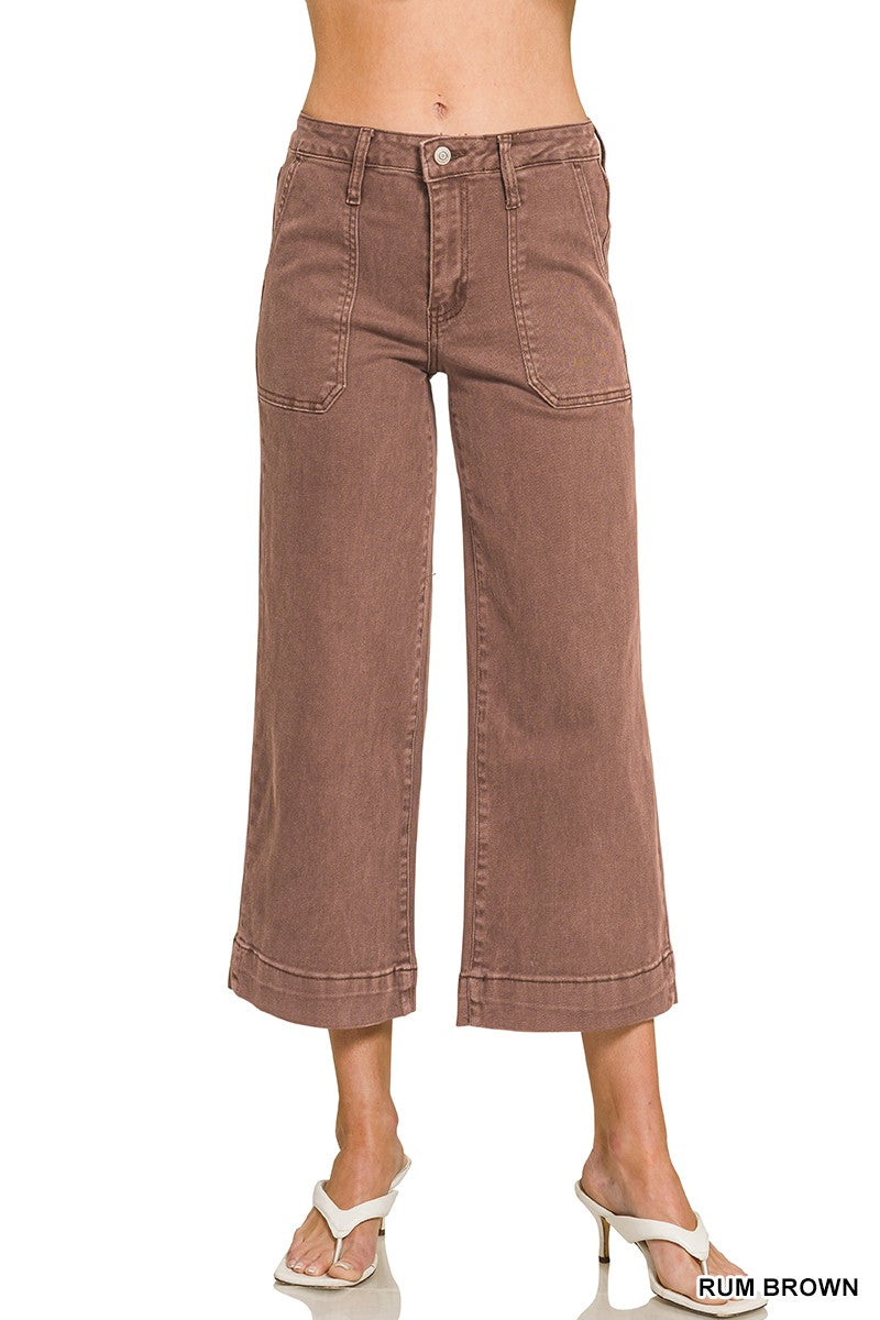 Zenana Rum Brown Pocket Cropped Wide Leg Denim Pants
