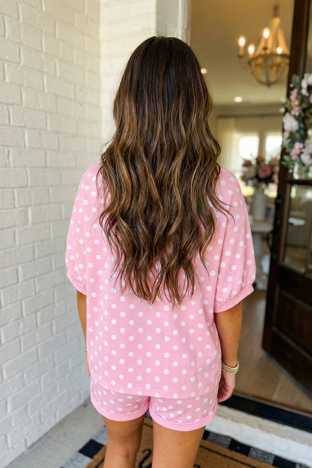 Pink Polka Dot Print Top & Drawstring Shorts Set