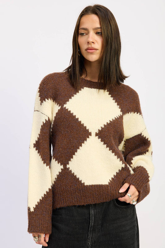 Chocolate and Ivory Two Tone Argyle Sweater