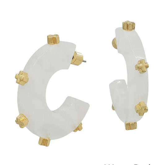 Water Resistance White Acrylic Hoop With Gold Studded 1.5 Earring