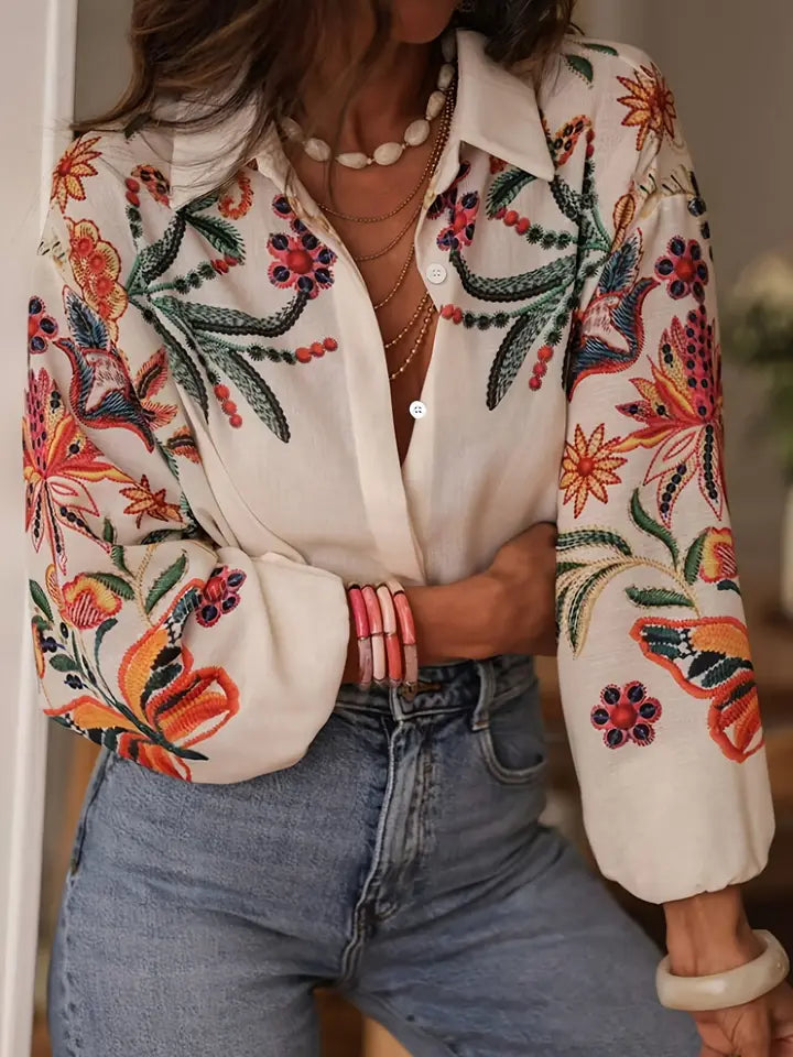Botanical Print Loose Lapel Long Sleeve Casual Shirt