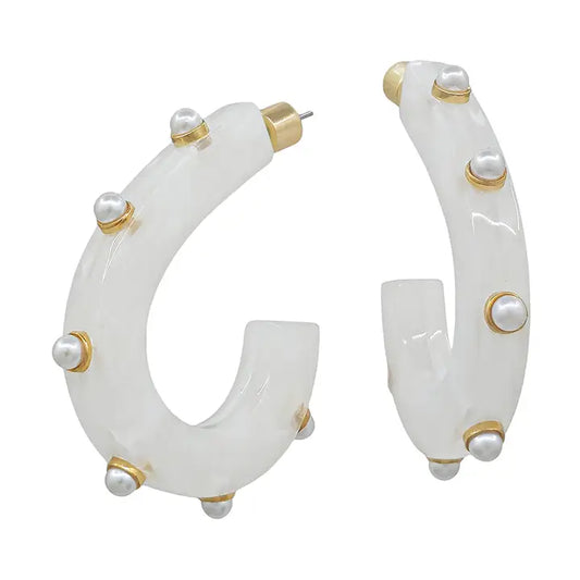 Water Resistant White Acrylic Teardrop with Gold Studded 2'' Earring
