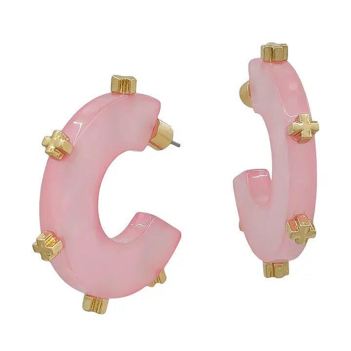 Water Resistant Pink Acrylic Hoop With Gold Studded 1.5'' Earrings
