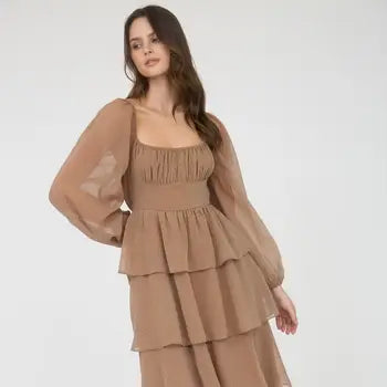 The Daniella Mocha Ruffle Tiered Midi Dress