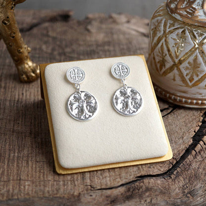 Faith & Relic – Cross Coin Dangle Earrings in Worn Gold or Silver