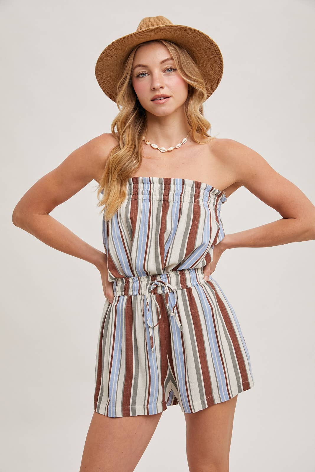 CORFU STRIPED SLEEVELESS SMOCKED TOP & SHORTS SET: NAVY COMBO / SMALL