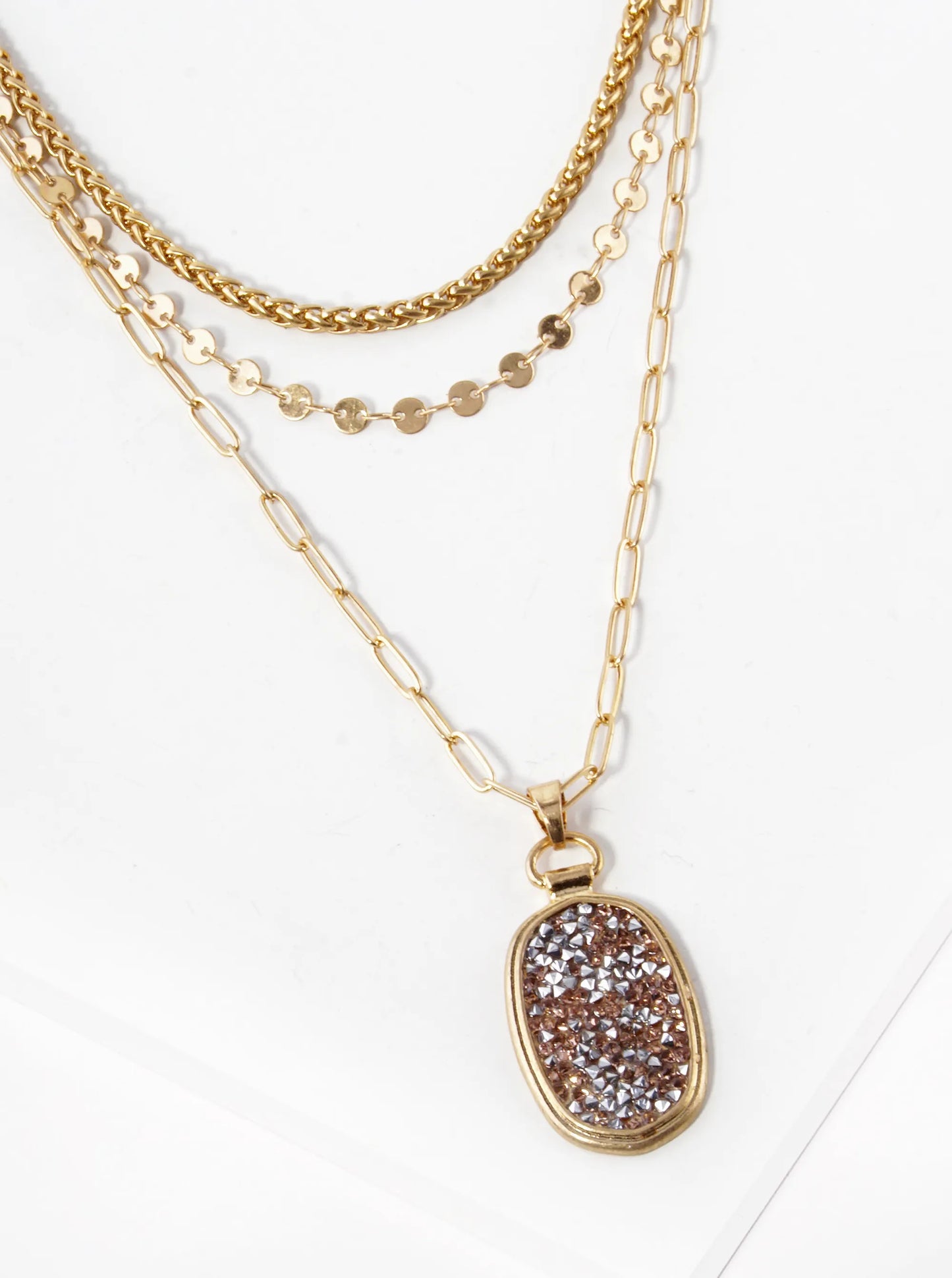 3-PC Set Irregular Stone Pave Oval Pendant Layered Necklace