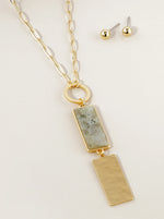 Long Geometric Drop Rectangular Pendant Necklace with Semiprecious Stone