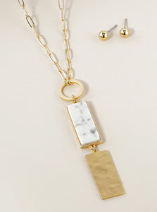 Long Geometric Drop Rectangular Pendant Necklace with Semiprecious Stone