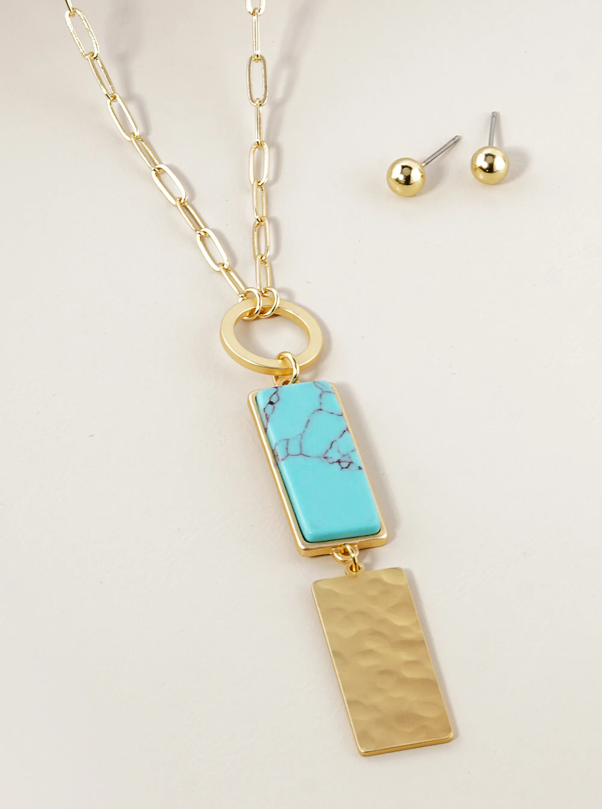 Long Geometric Drop Rectangular Pendant Necklace with Semiprecious Stone