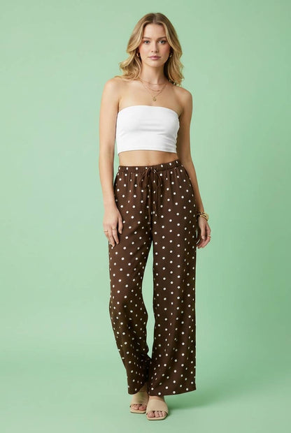 Polka Dot Drawstring Wide-Leg Pants: BROWN / 2-2-2(S-M-L)
