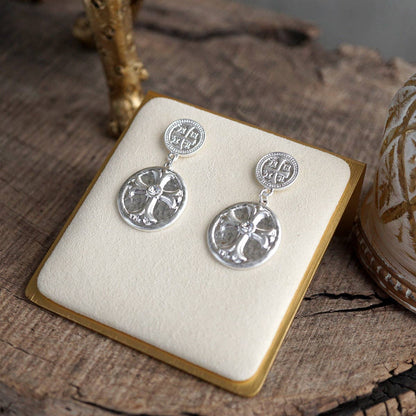 Faith & Relic – Cross Coin Dangle Earrings in Worn Gold or Silver