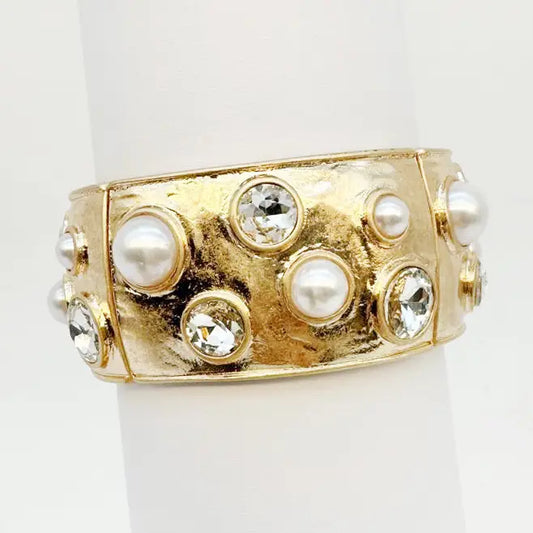 Gold Hammered Stretch Bangle with Pearl and Clear Crystal Accents