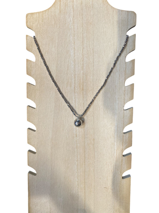 Silver Beadded Necklace with Metal Ball Pendant