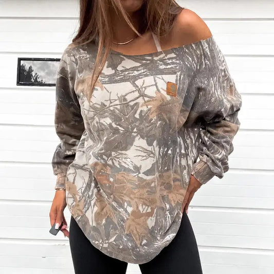 Relaxed Camo Off-the-Soulder Sweatshirt