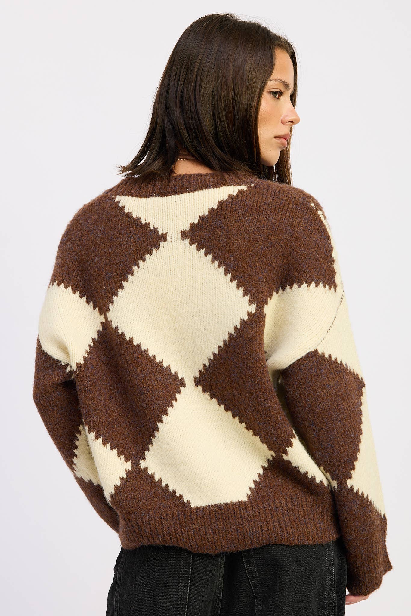 Chocolate and Ivory Two Tone Argyle Sweater