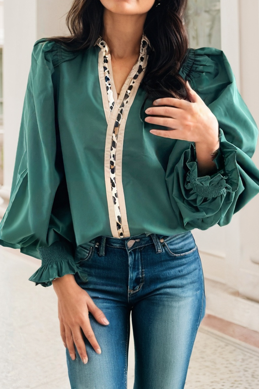 The Daisy Leopard Trim V Neck Blouse