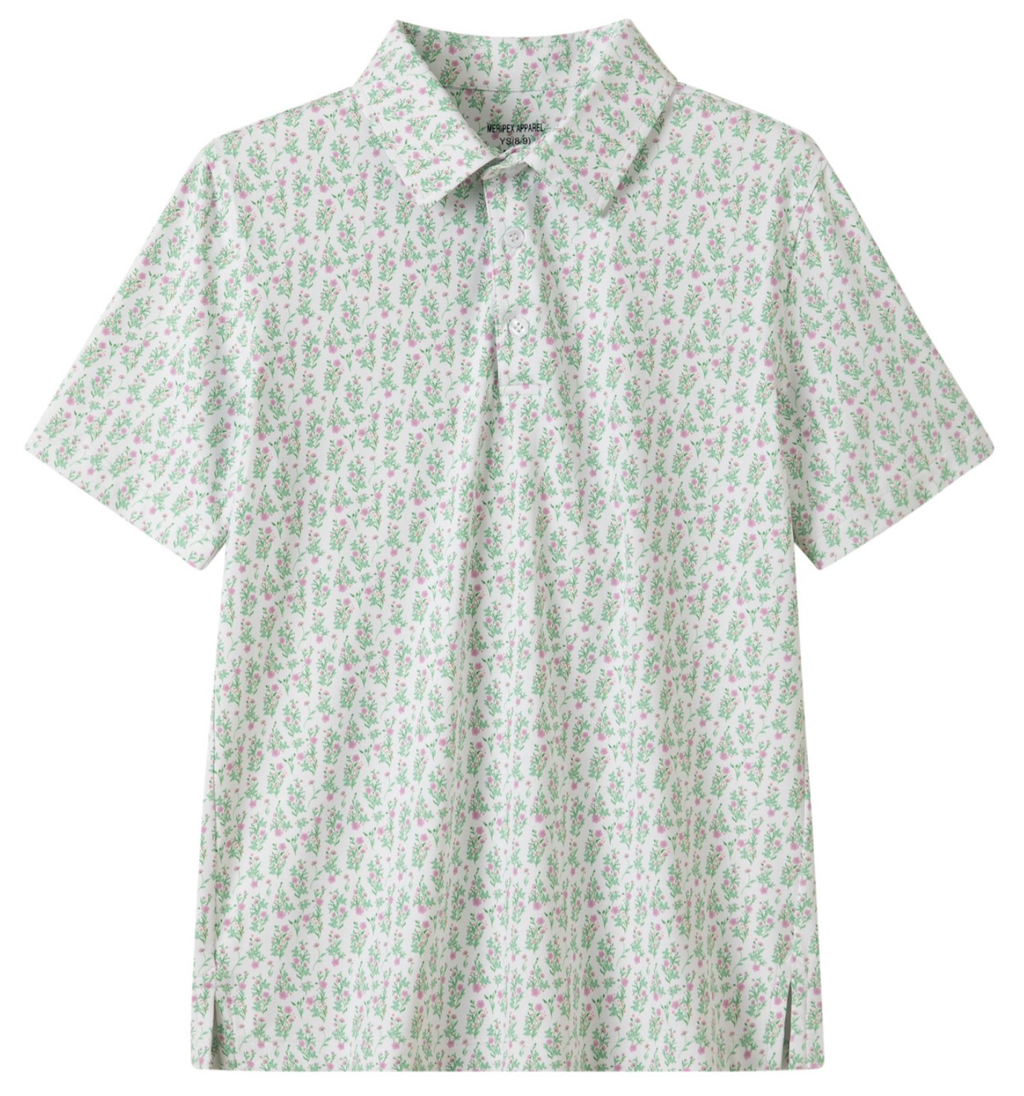 Meripex Performance Polo Shirt- Floral with White Ground