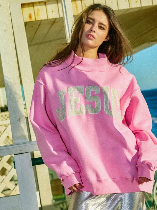 Bubblegum Pink Jesus Camo Embroidered Mockneck Sweatshirt