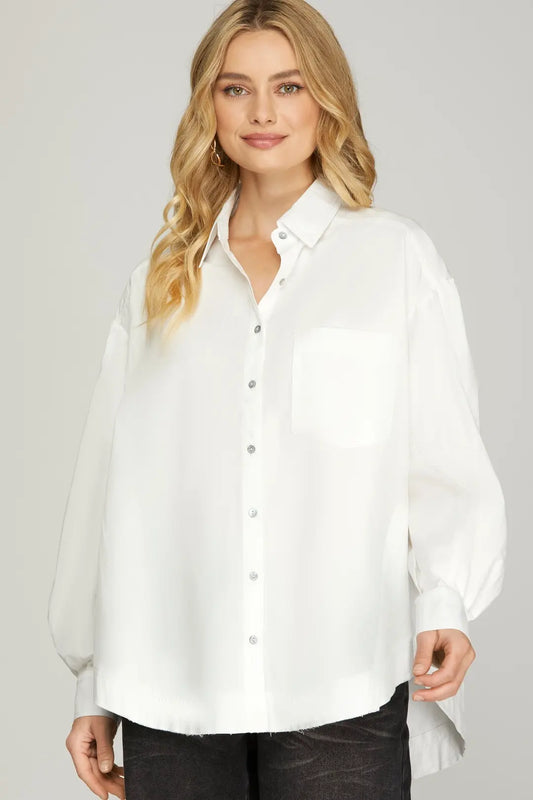 Long   Sleve Button Down Woven Shirt With Side Pockets