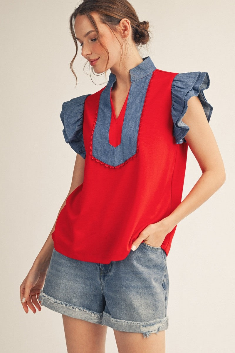 The Riley Red Contrast Ruffle Sleeve Top