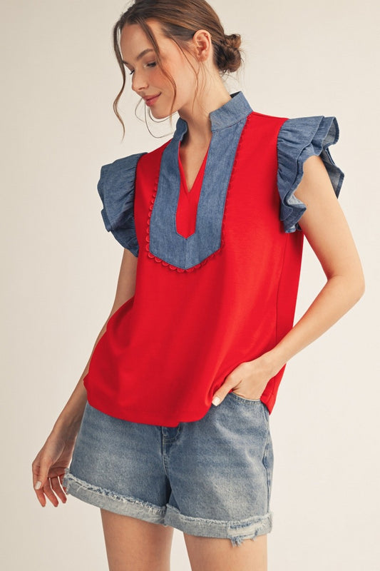 The Riley Red Contrast Ruffle Sleeve Top
